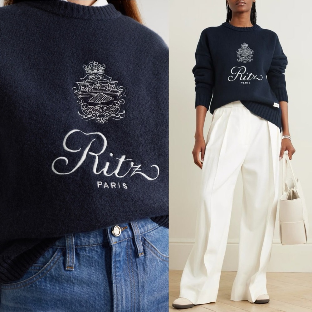 FRAME x Ritz Paris Embroidered Cashmere Crewneck Unisex Sweater Navy Blue